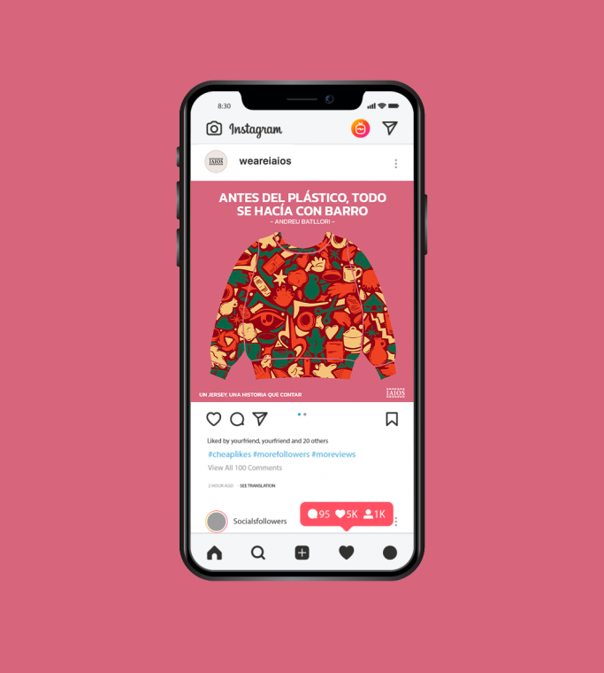 Suéter colorido con estampado sobre fondo rosa. Campaña publicitaria, post instagram, diseño grafico, ilustración.