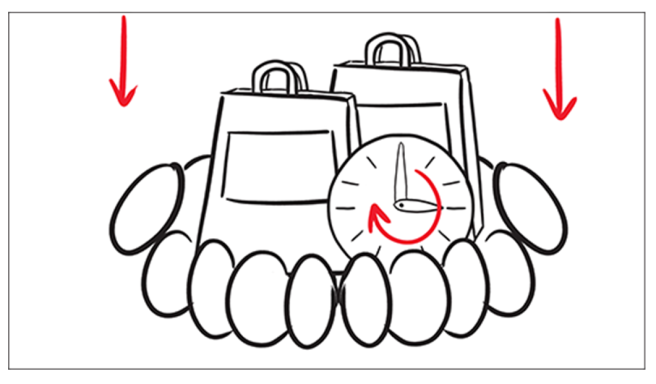 Dos bolsas de compras rodeadas de huevos con un reloj que indica tiempo.