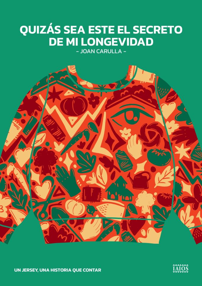 A3 Poster Suéter colorido con patrones de hojas y flores sobre fondo verde. Texto sobre longevidad. Campaña publicitaria, diseño grafico, ilustración.