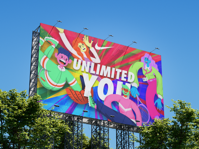 Cartel publicitario colorido con el texto "UNLIMITED YOU" y figuras dinámicas. Ilustracion, Nike, diseño grafico, campaña publicitaria