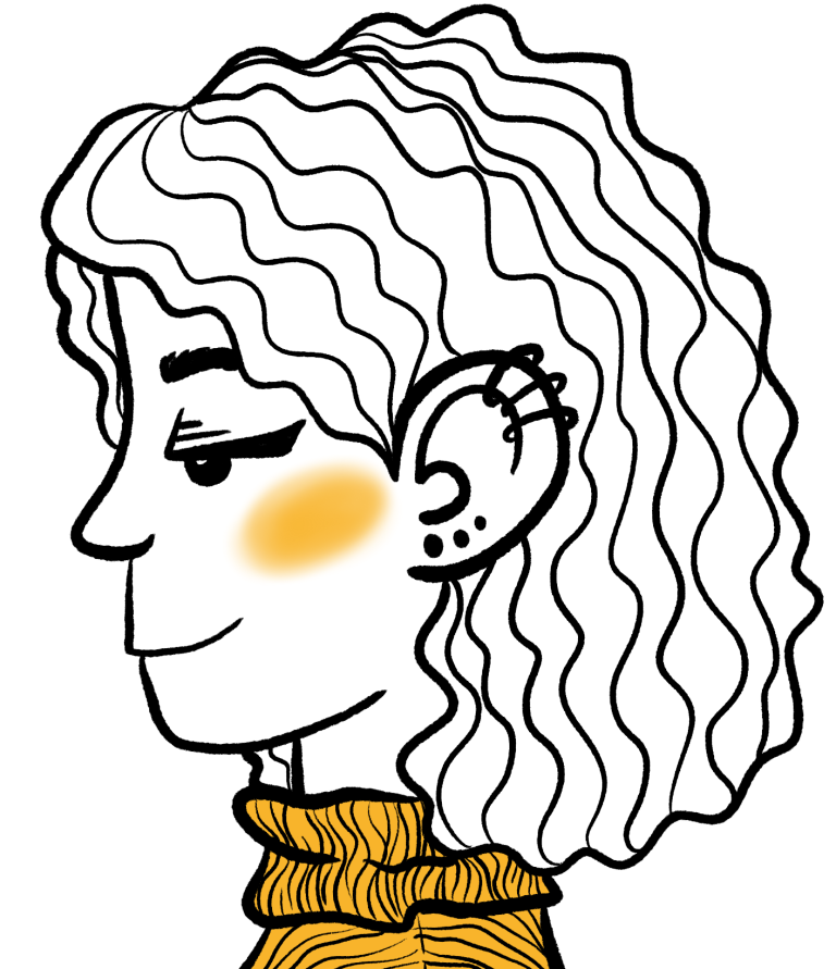 Ilustración de un perfil femenino con cabello rizado y suéter amarillo.