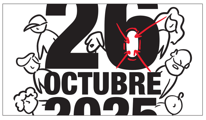 Texto en blanco y negro que dice "26 OCTUBRE 2025" con dibujos de personas alrededor.