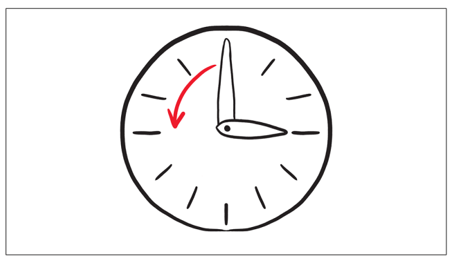 Reloj con manecillas mostrando la hora y una flecha roja indicando un movimiento hacia atrás.