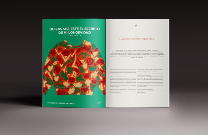 Pagina de una revista con un suéter colorido y texto en español. Campaña publicitaria, diseño grafico, ilustración.