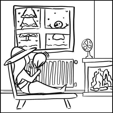 Mujer sentada en un sillón, mirando por la ventana una escena invernal.