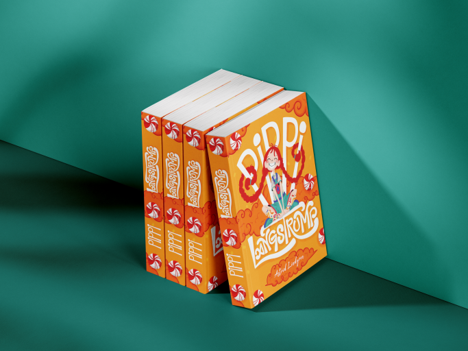 Rediseño portada libro "Pippi langstrump" con ilustración lineal de Pippi sonriendo, mezclando figuras con tipografía de manera creativa