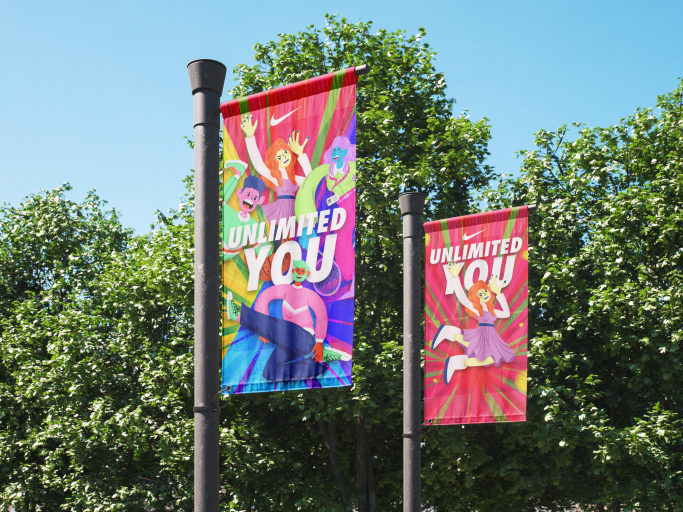 Banderas coloridas con el texto "Unlimited You" en un entorno verde. Campaña Publicitaria, ilustración, Nike, Diseño grafico, banderolas