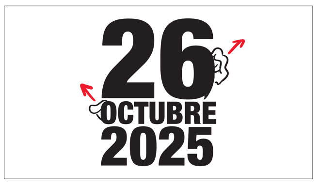 Texto en gran tamaño que dice "26 OCTUBRE 2025" con flechas rojas señalando.