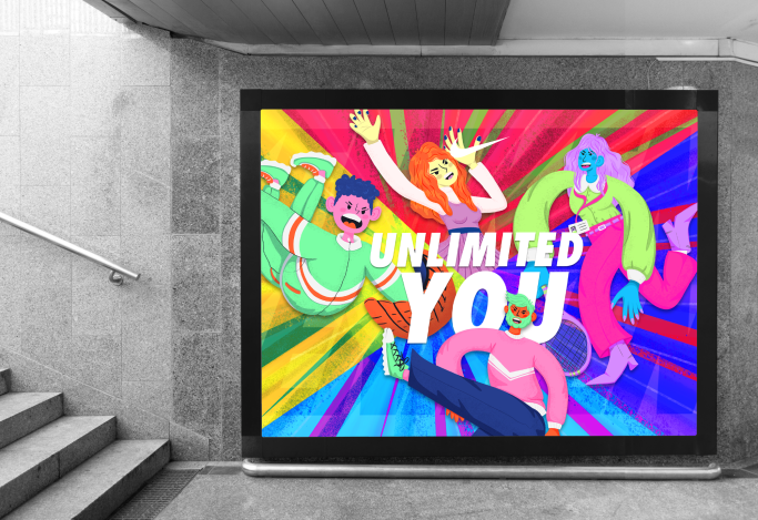 Cartel colorido con texto "UNLIMITED YOU" y personajes animados en fondo vibrante. Campaña Publicitaria, ilustracion, Nike, diseño grafico