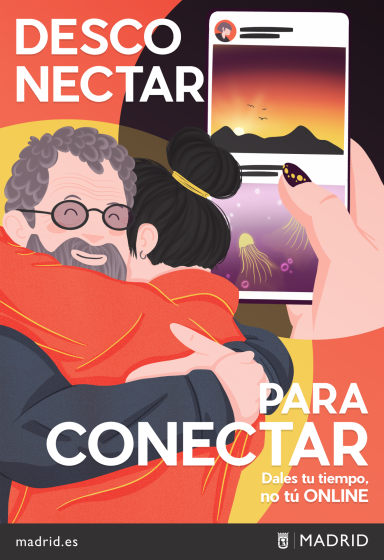 Ilustración de personas abrazándose, movil mirando red social y texto sobre desconectar para conectar. Campaña publicitaria, diseño grafico