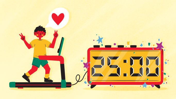 Un niño corriendo en una cinta de correr, con un cronómetro que marca 25:00. Ilustración, Animación, creación de personajes.
