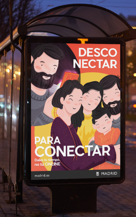 Cartel publicitario con el texto "Desconectar para conectar" y diversas ilustraciones de personas. Diseño grafico, ilustración.