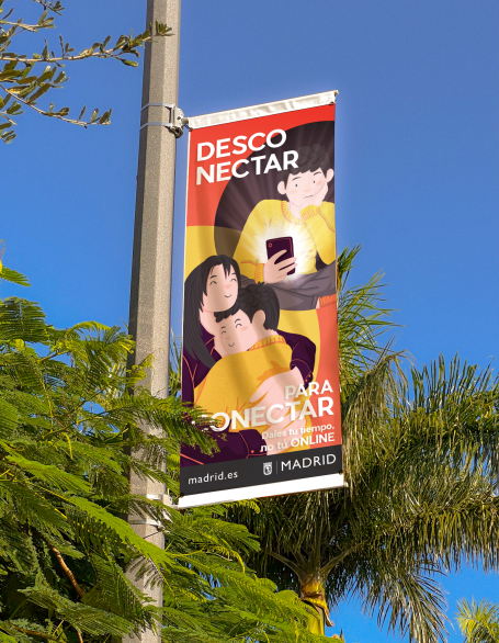 Cartel publicitario colorido que promueve la conexión, con personajes abrazándose. Campaña publicitaria, diseño grafico, ilustración