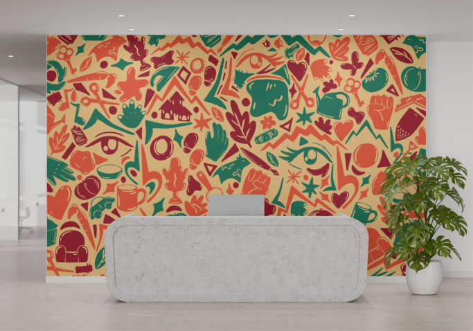 Fondo colorido con formas abstractas y vegetales en una pared de oficina moderna. Campaña publicitaria, diseño grafico, ilustración.