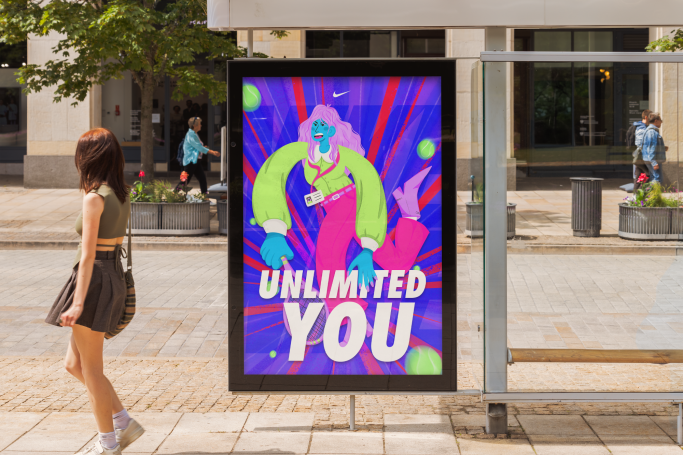 Cartel publicitario colorido con texto "UNLIMITED YOU" y un personaje estilizado. Campaña Publicitaria, ilustración, Nike, Diseño grafico,