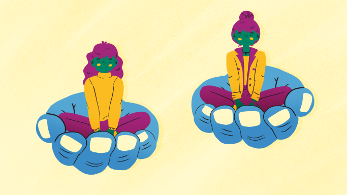 Dos figuras sentadas sobre manos grandes, con un fondo amarillo. Ilustración, Animación, creación de personajes.