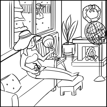 Mujer con sombrero sosteniendo un abanico, sentada en un salón con ventana y decoraciones invernales.