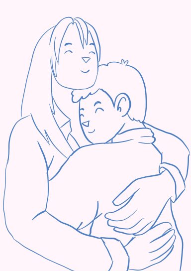 Ilustración lineal de una persona abraza a un niño, ambos sonriendo y mostrando cariño.