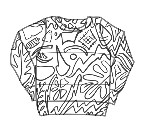 Sudadera de diseño abstracto con patrones de líneas y formas diversas.