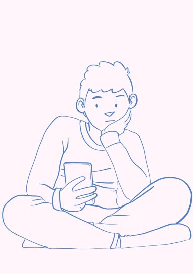Ilustración lineal de un chico sentado con las piernas cruzadas, usando un teléfono móvil y sonriendo.