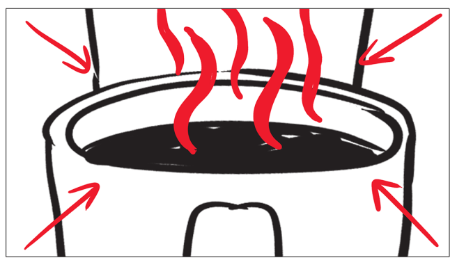 Taza de café humeante con flechas rojas indicando la emisión de vapor.