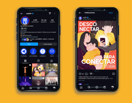 Pantallas de teléfonos móviles mostrando perfiles de Instagram y un anuncio colorido sobre conectar con otros. Campaña publicitaria