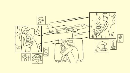 Ilustración lineal que muestra personas reflexionando sobre los cambios al migrar en diferentes escenas.