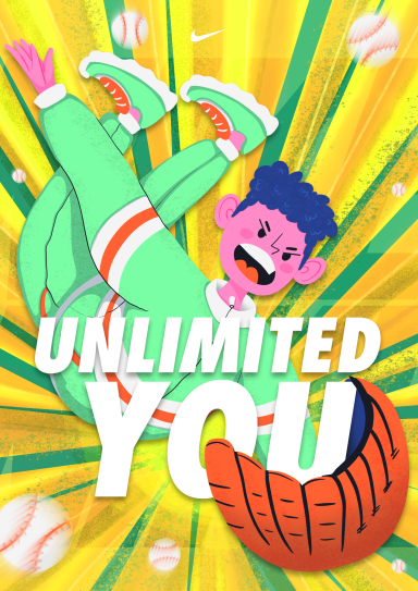 Ilustración colorida de un personaje alegre practicando deportes con el texto "UNLIMITED YOU" y pelotas de beisbol. Cartel Nike.