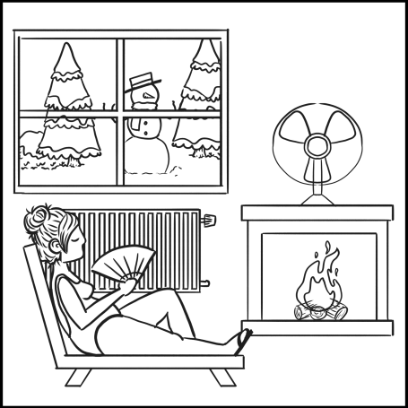 Mujer relajándose en un sillón junto a una chimenea, con nieve y un muñeco afuera.