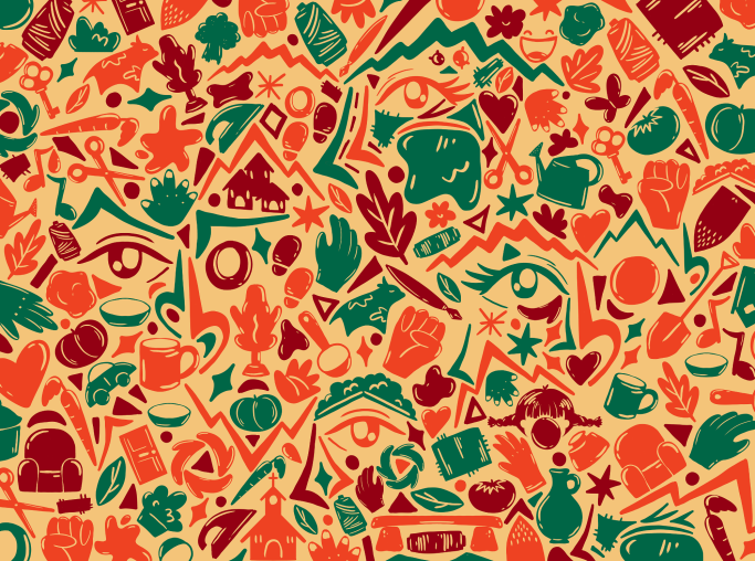 Wrapping Paper Diseño colorido con figuras abstractas y elementos de la naturaleza entrelazados. Campaña publicitaria, diseño grafico, ilustración.