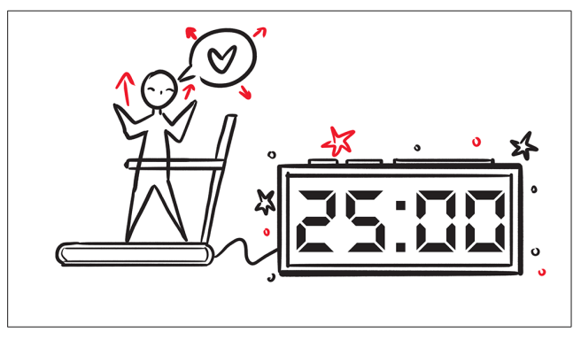 Persona en una banda de andar, con un cronómetro que marca 25:00.