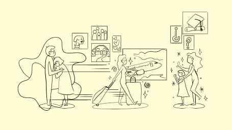 Ilustración de personas interactuando en una galería de arte, rodeadas de obras y emociones.