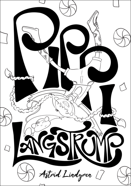 Rediseño portada libro "Pippi langstrump" con ilustración lineal de Pippi sonriendo, mezclando figuras con tipografía de manera creativa