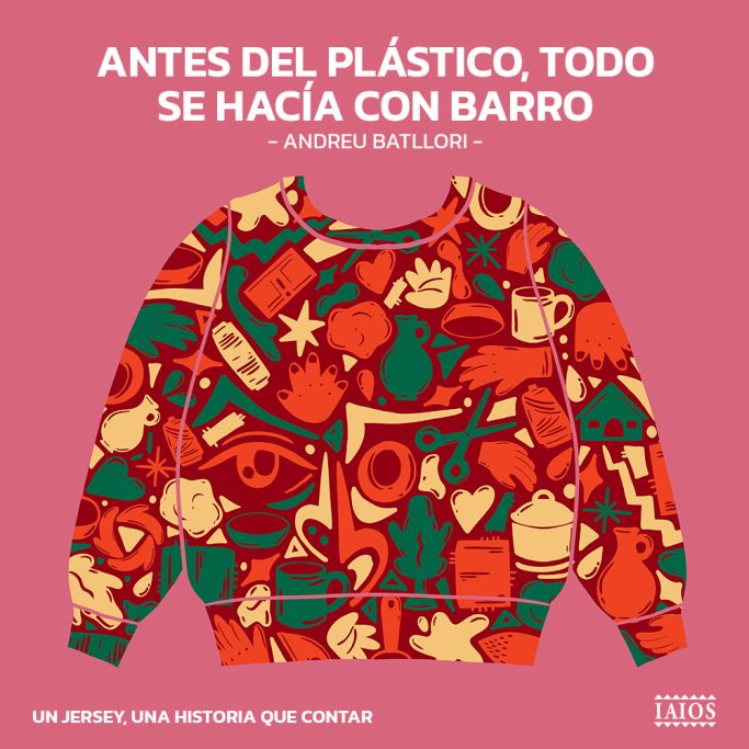 Instagram Feed/Ads Sudadera colorida con patrones de objetos hechos de barro, título y autor. Campaña publicitaria, diseño grafico, ilustración.