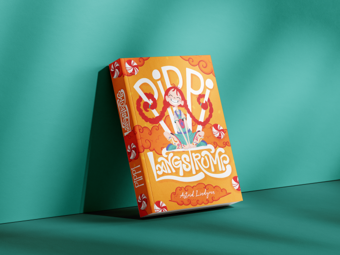 Rediseño portada libro "Pippi langstrump" con ilustración lineal de Pippi sonriendo, mezclando figuras con tipografía de manera creativa