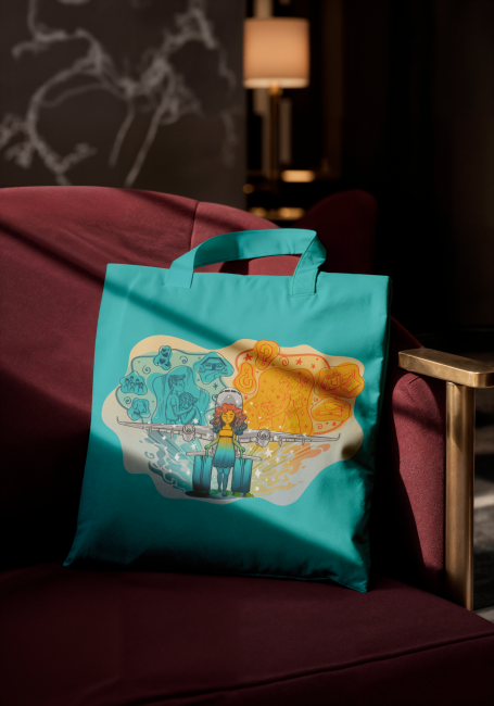 Bolsa de tela color aqua con ilustraciones en colores vibrantes de un personaje y paisajes.
