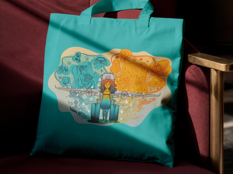 Ilustración vibrante y llamativa que expresa y trasmite la experiencia de migrar a otro país. Ilustración