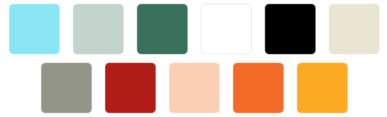 Paleta de colores con diez tonos variados: azul, verde, blanco, negro, gris, rojo, durazno y naranja.