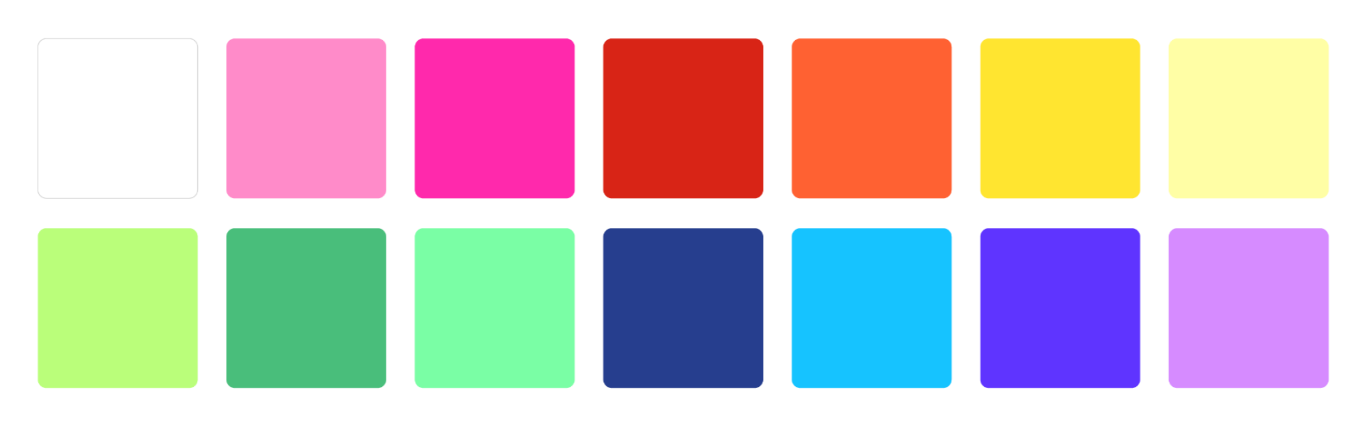 Muestra de catorce cuadros de colores en una cuadrícula.